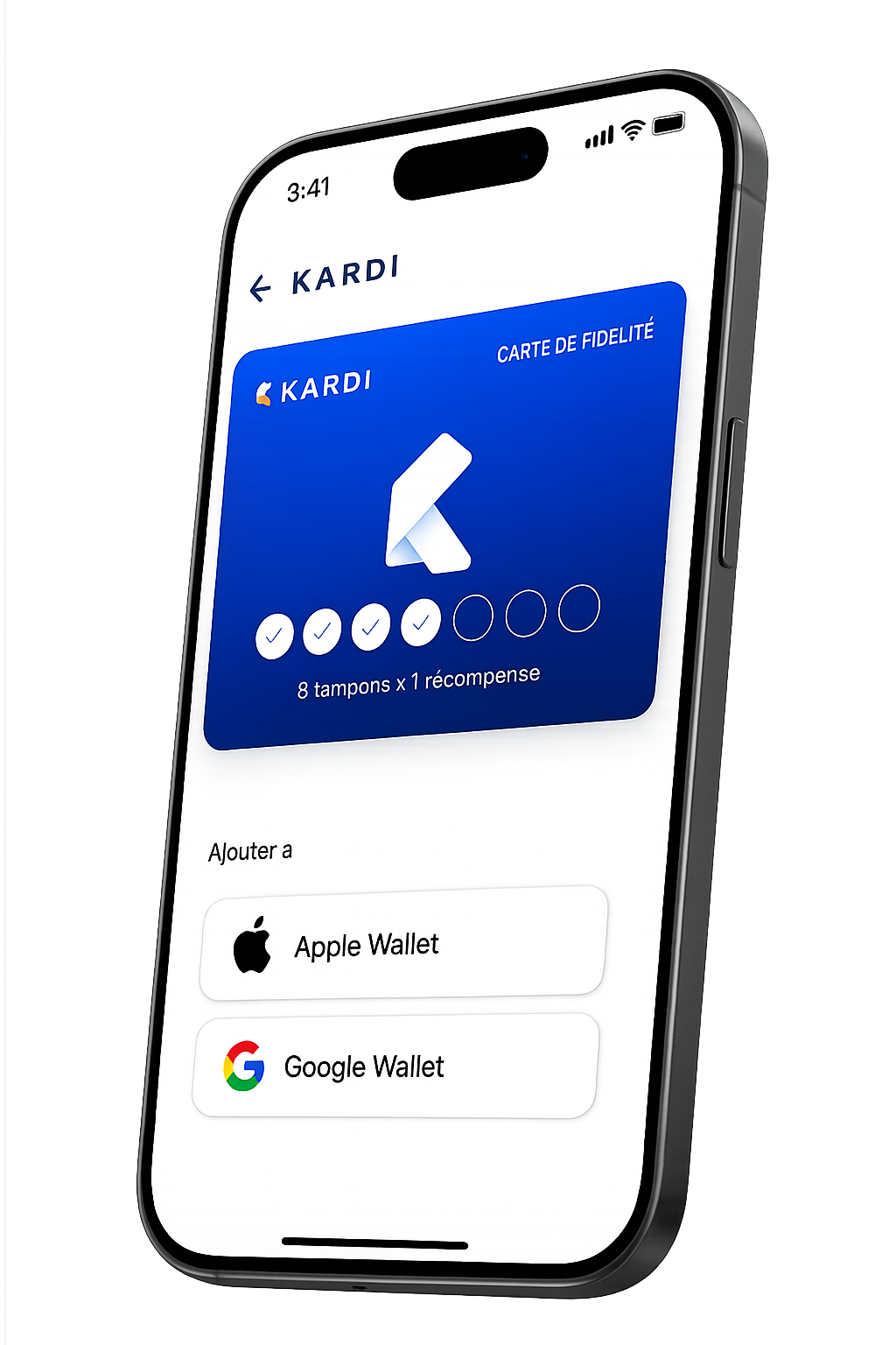 Carte de fidélité Kardi sur smartphone, avec ajout Apple Wallet et Google Wallet